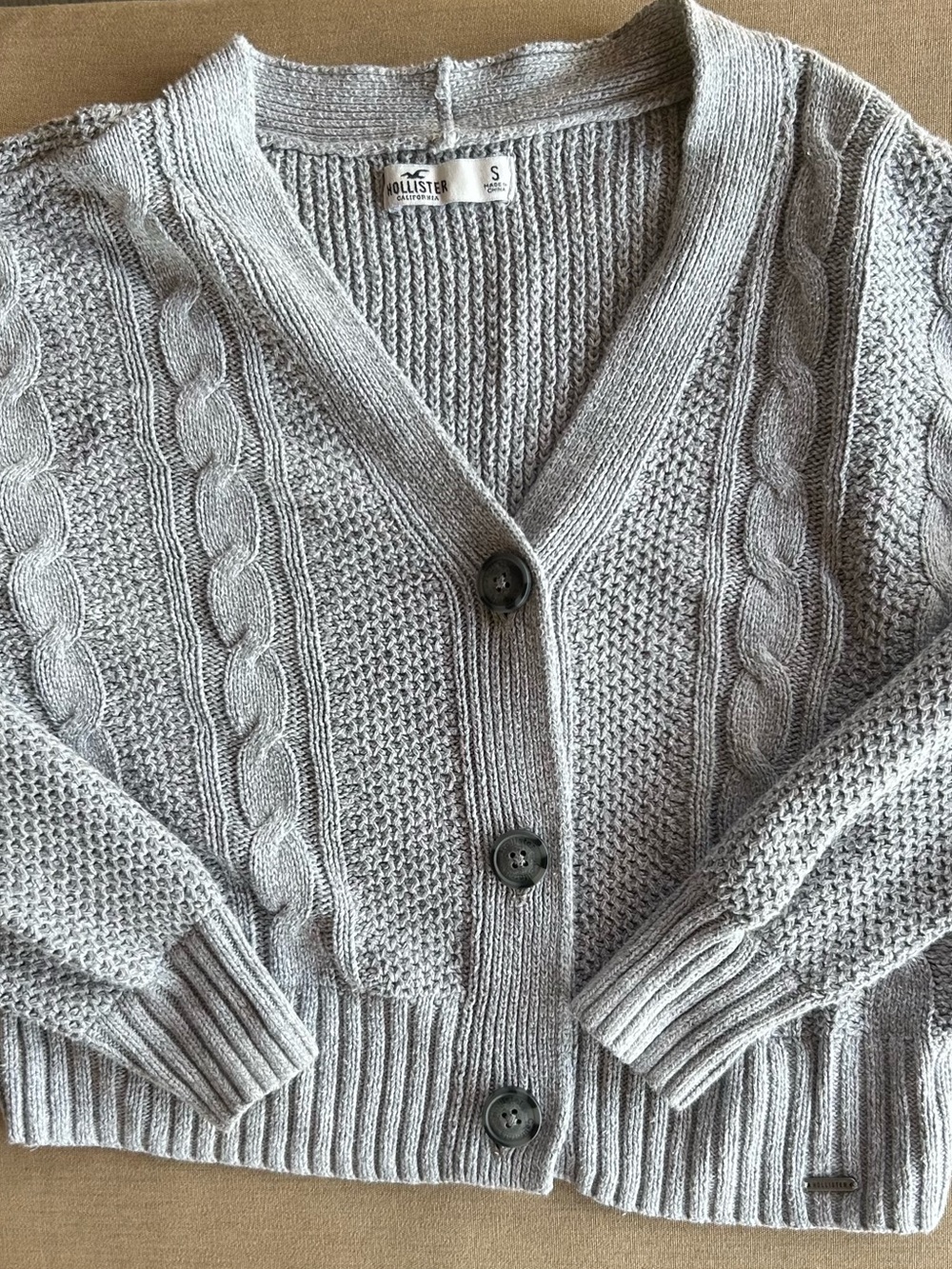Hollister Women's Gray Cotton Cable Knit V-Neck Cardigan